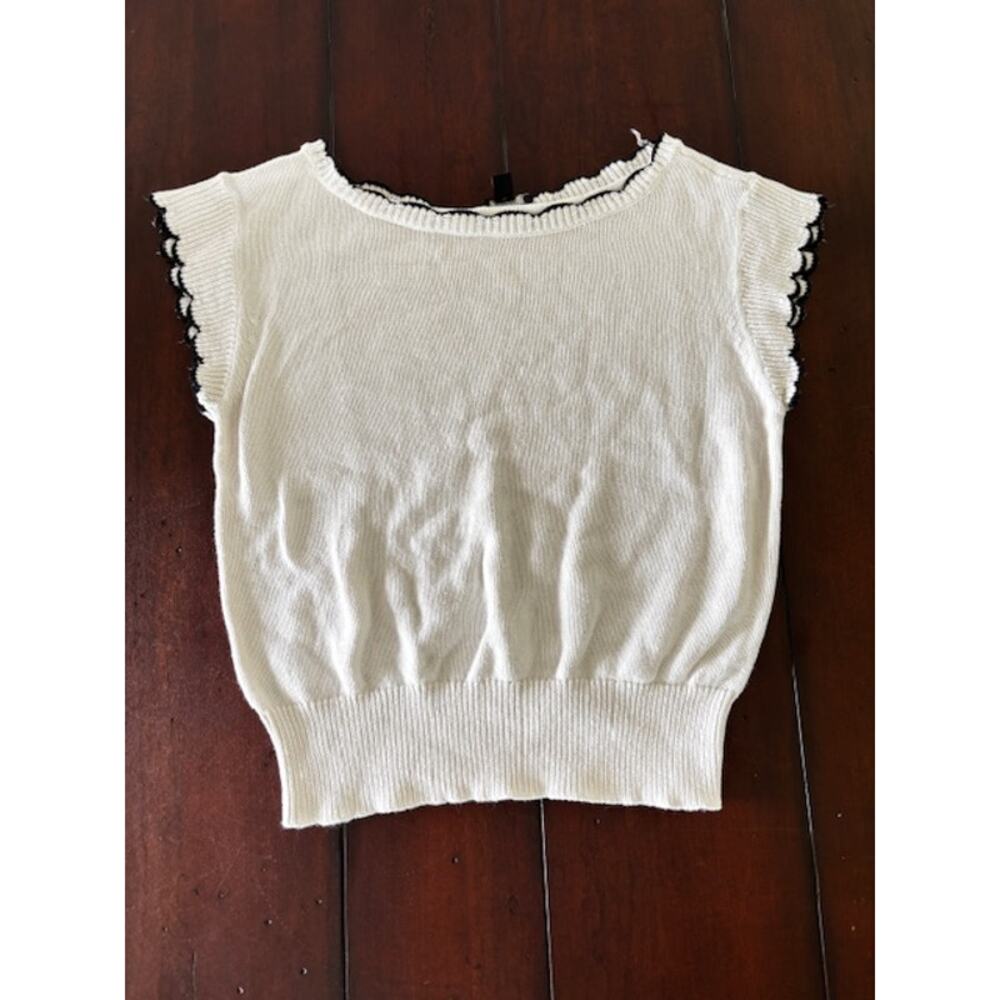 Ann Taylor Factory XS White Cotton Sweater Top Navy Scallop Trim‎ Cap Sleeve